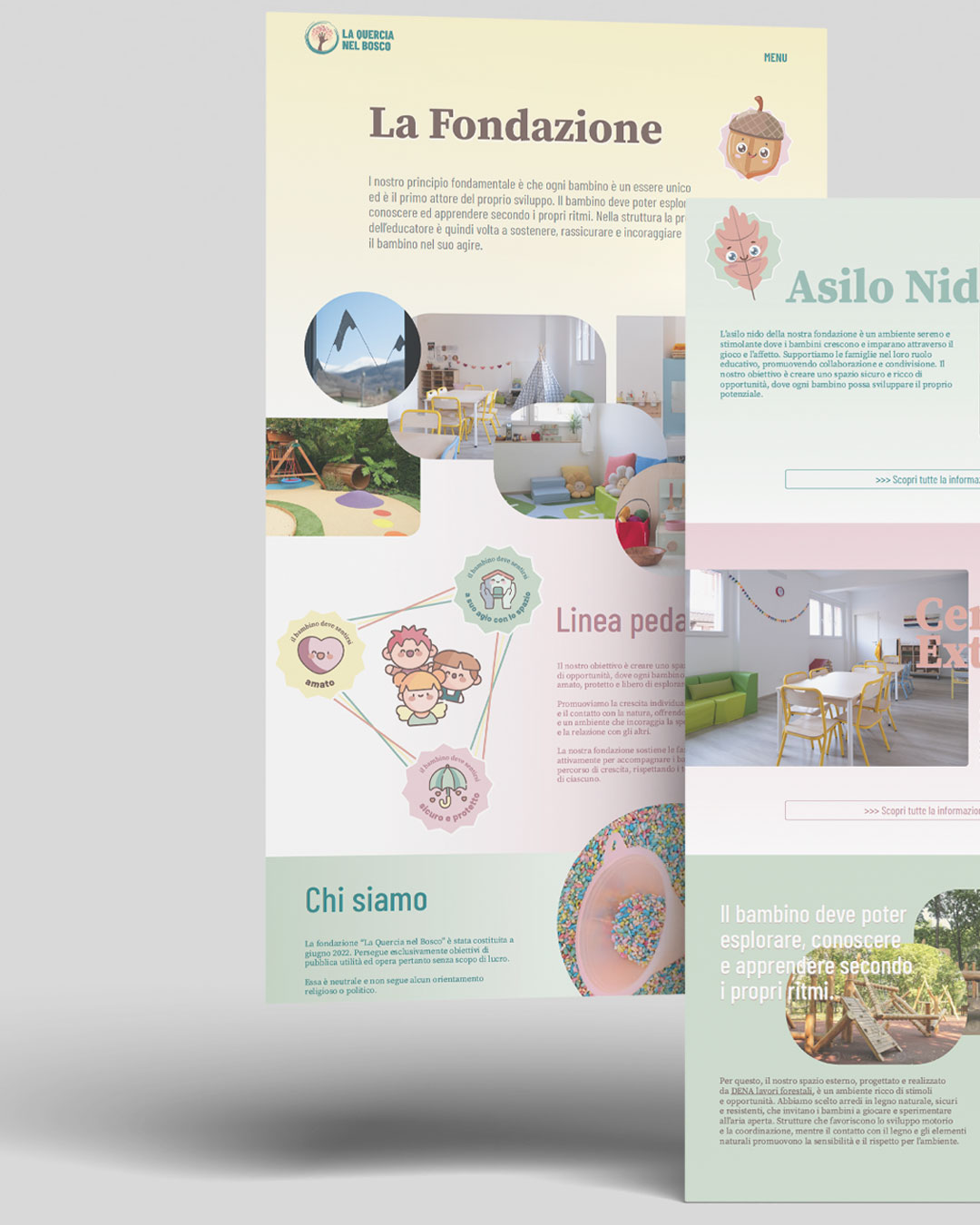 User Experience design per siti scolastici, layout chiaro e icone intuitive ispirate alla natura.