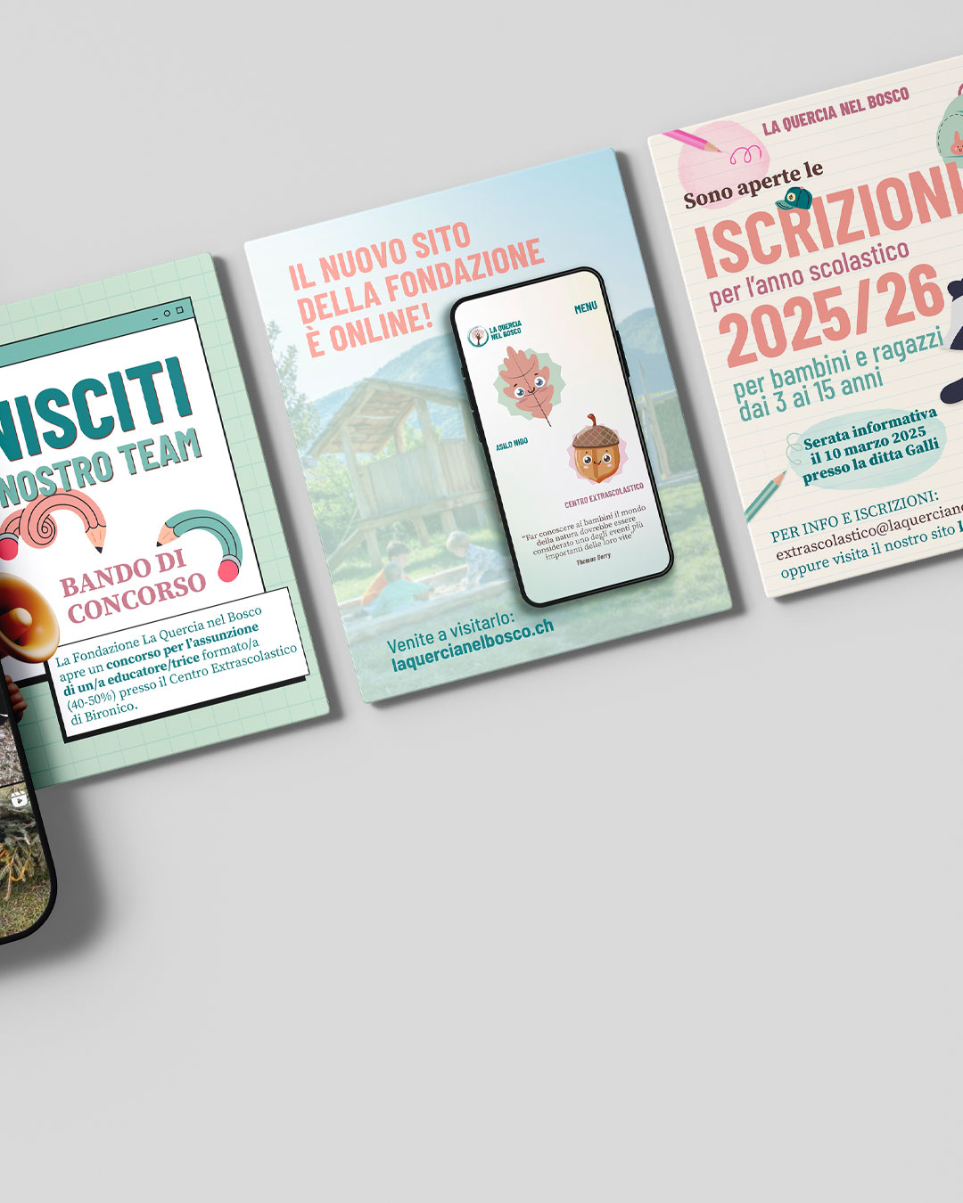 Grafica per social network e brand identity digitale coordinata per centro scolastico La Quercia nel Bosco.